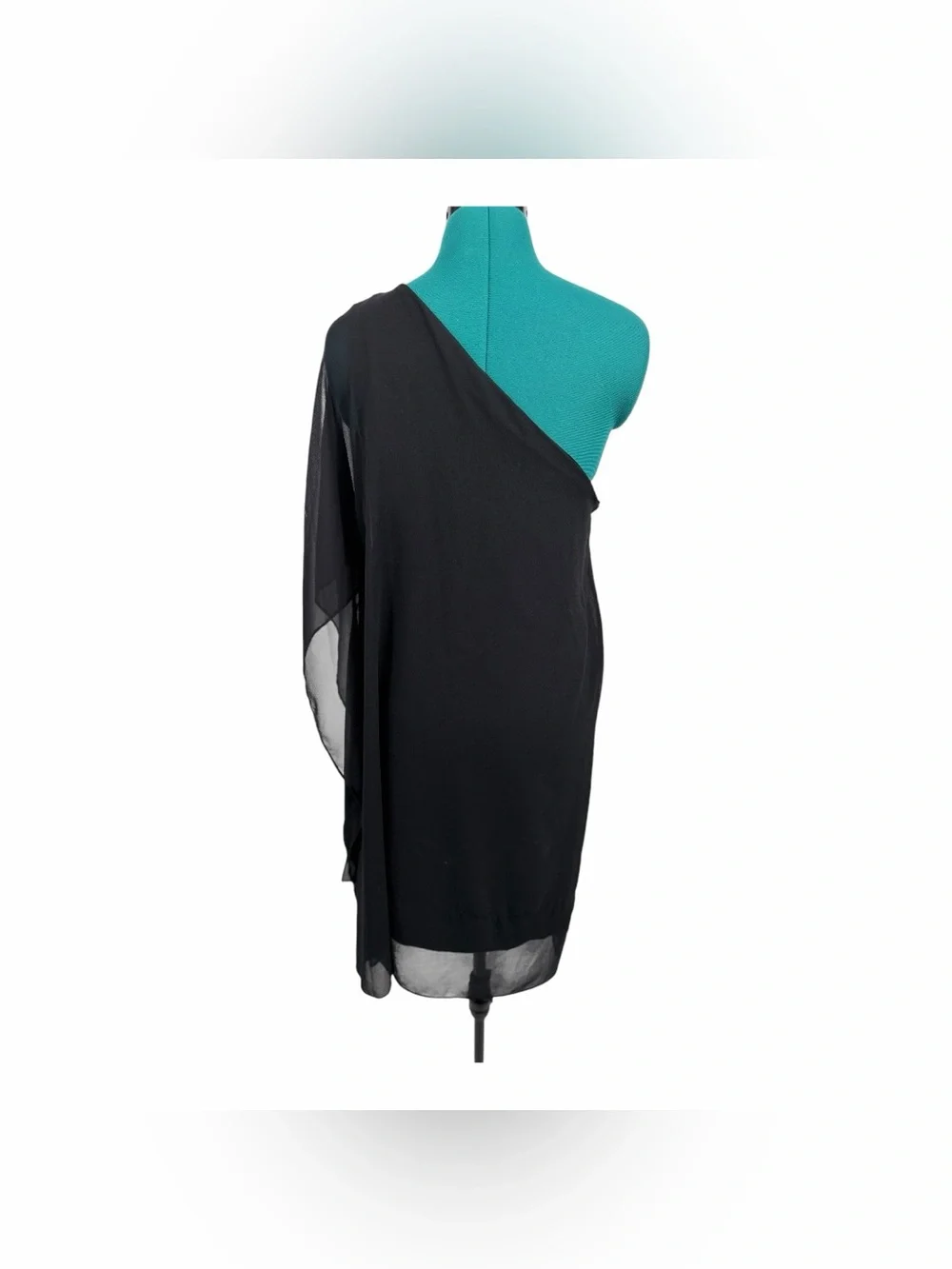 Kobi Halperin Black One Shoulder Draped Cocktail Dress Sheer Sleeve M